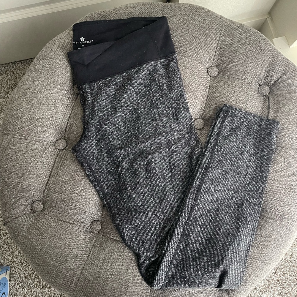 Costco leggings, size medium, and dark gray & black stripes.